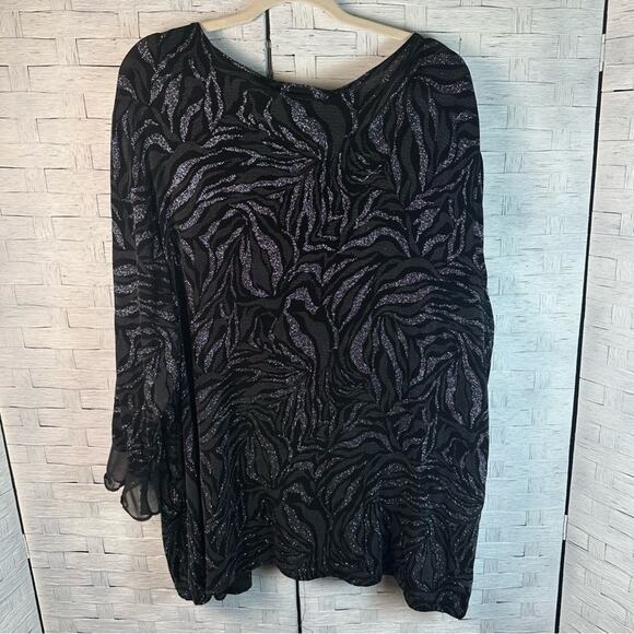 Java black & silver glittery layered blouse ruffle, sheer cuff evening plus size - Picture 2 of 13